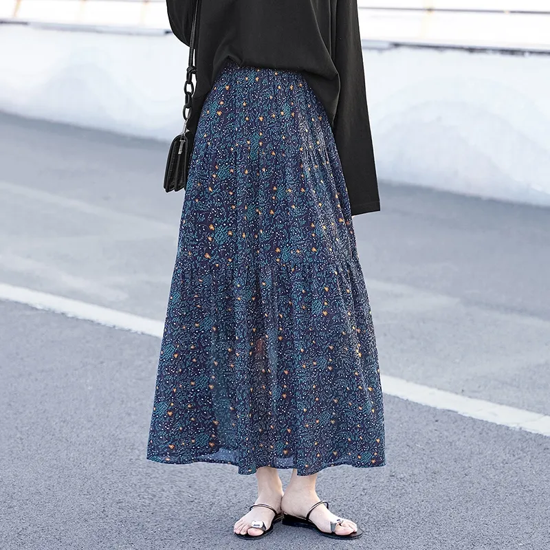 TOUCH Casual Long Skirt Women's Blue Floral-6