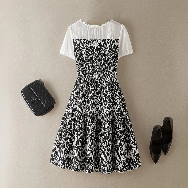 Cypress House Short Sleeved Dress Women's Top Beige With Bottom Black Floral-3