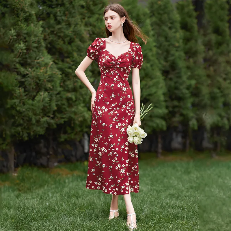 TOUCH Short Sleeved Dress Women's Red With Beige Green Floral-1