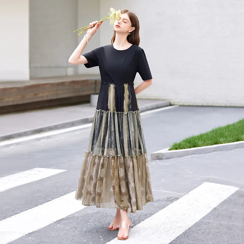 TOUCH Short Sleeved Dresses Women's Black & Coffee Green Multicolor-2
