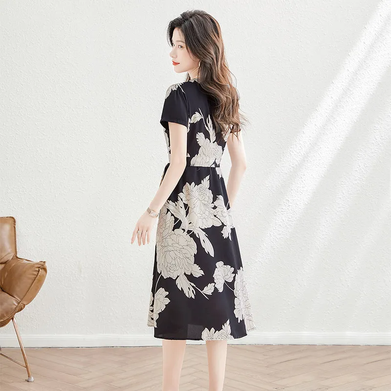 Cypress House Short Sleeved Dresses Women's Black With Beige Floral-3