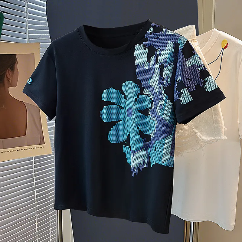 Cypress House T Shirts Women's Black Sole Blue Floral-2