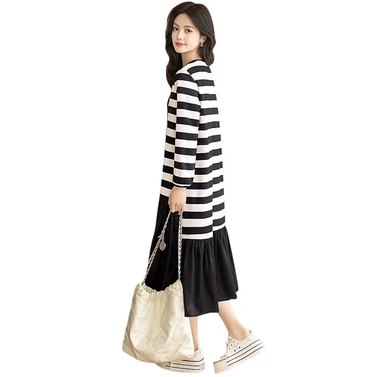 Cypress House Long Sleeved Dress Women's Black White Stripes-1