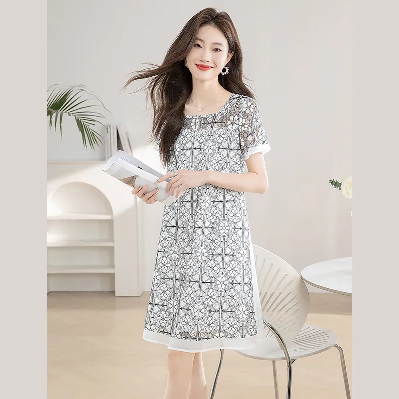 Cypress House Short-Sleeved Dresses Women's White Base Black Floral-3