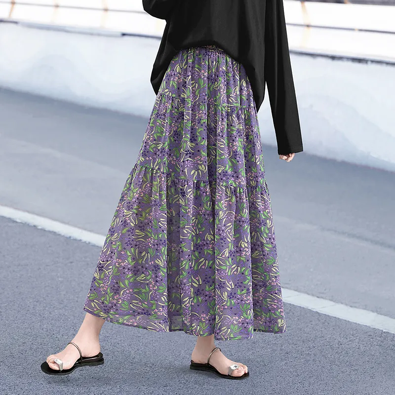 TOUCH Casual Long Skirt Women's Blue Floral-12