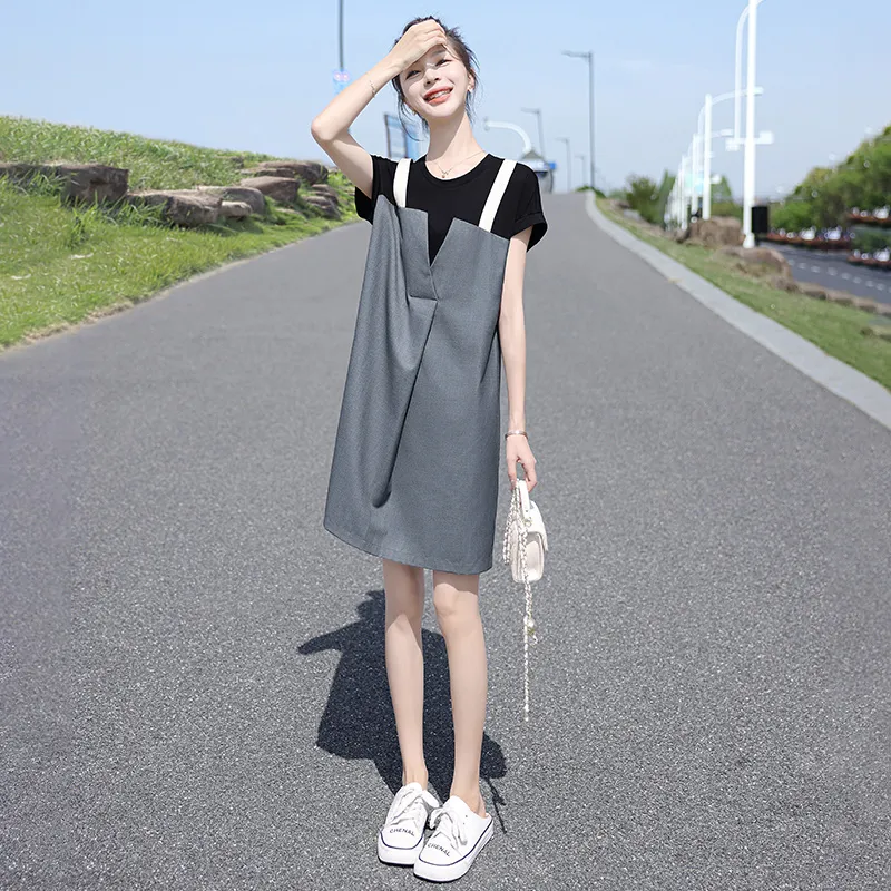 Cypress House Short Sleeved Dress Women's Black Top And Dark Gray Bottom-7