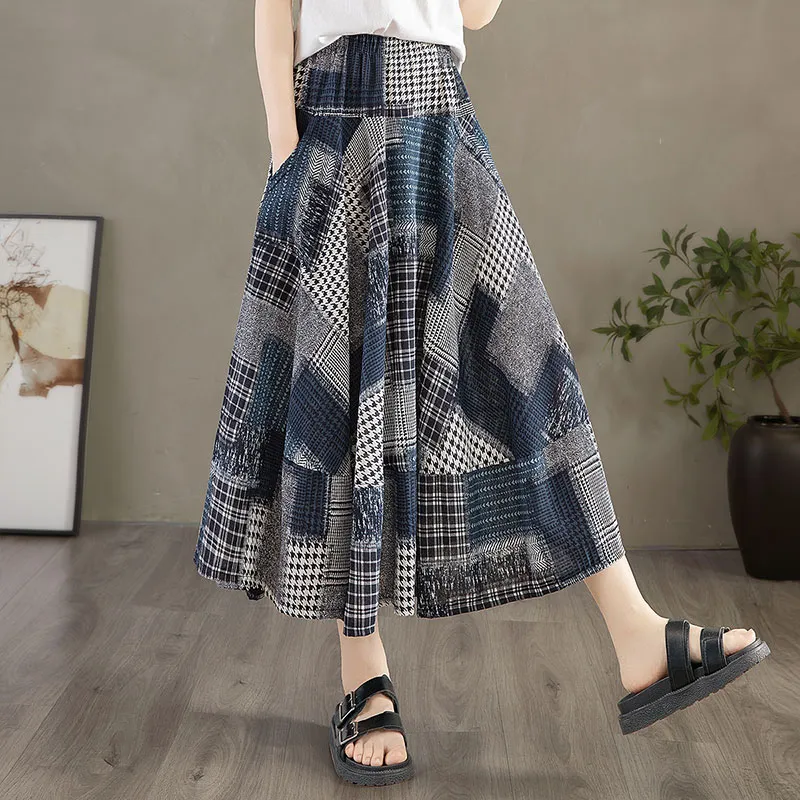 Cypress House Casual Long Skirt Women's Black White Blue Plaid-5