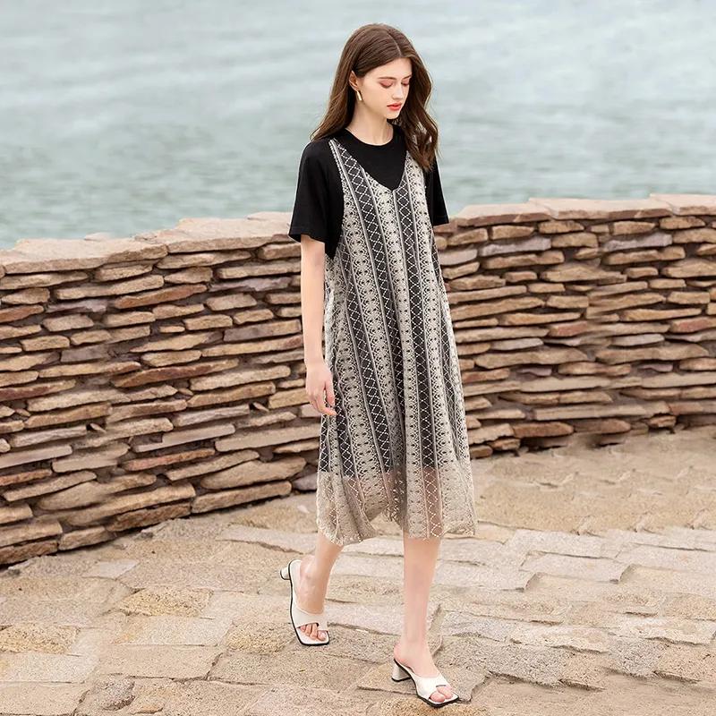 TOUCH Short Sleeved Dress Women's Black & Beige-4