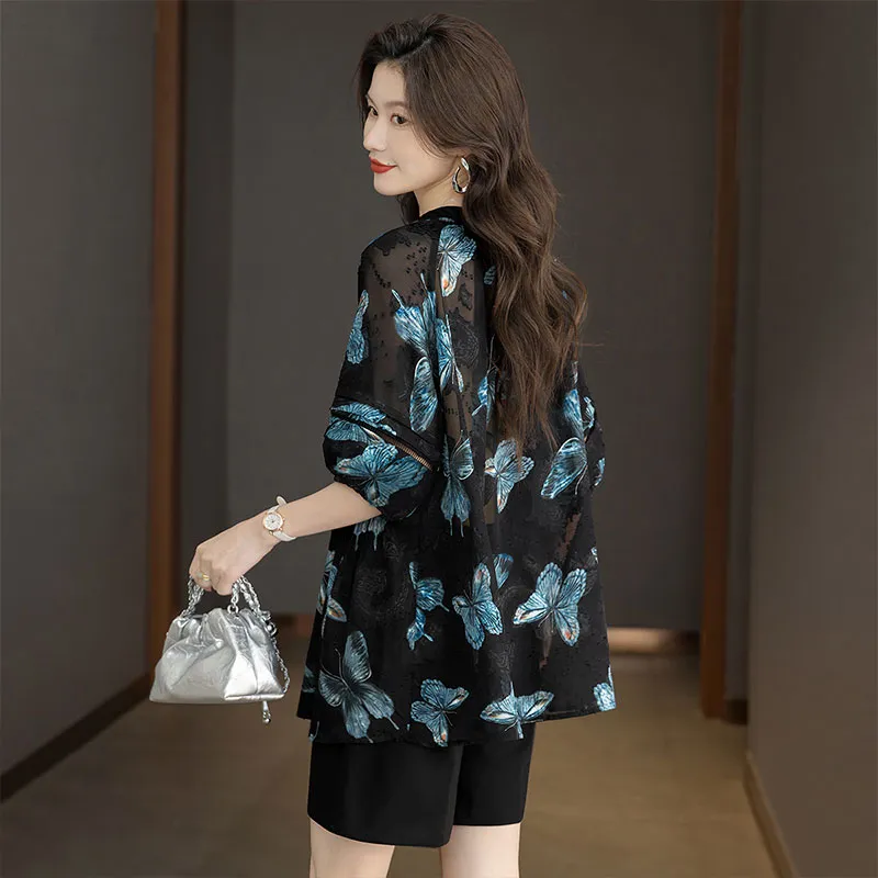 Cypress House Shirt Women's Black Blue Butterfly-2