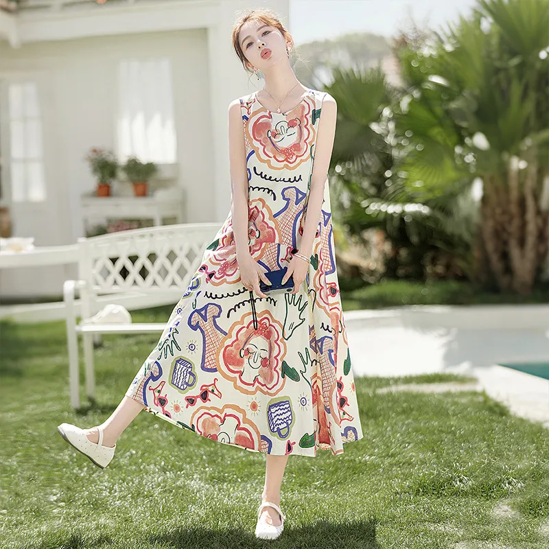Cypress House Sleeveless Dress Women's Light Yellow Graffiti-2