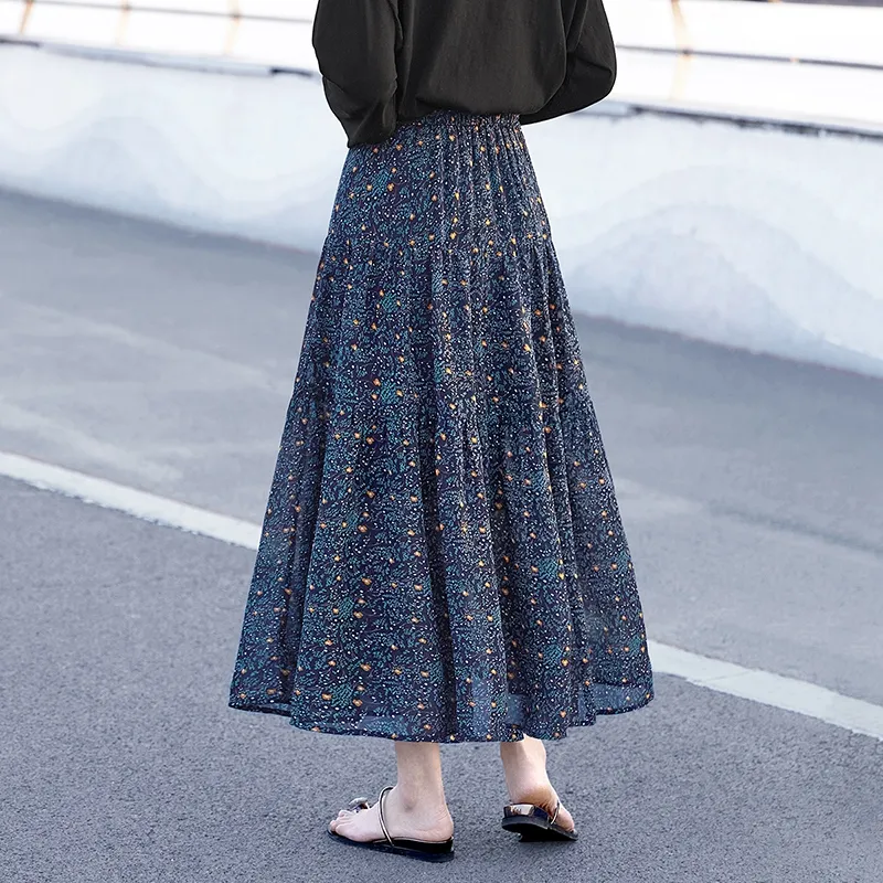 TOUCH Casual Long Skirt Women's Blue Floral-3
