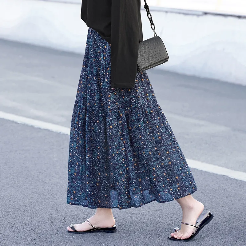 TOUCH Casual Long Skirt Women's Blue Floral-4