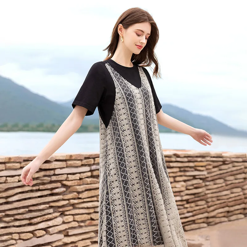 TOUCH Short Sleeved Dress Women's Black & Beige-1