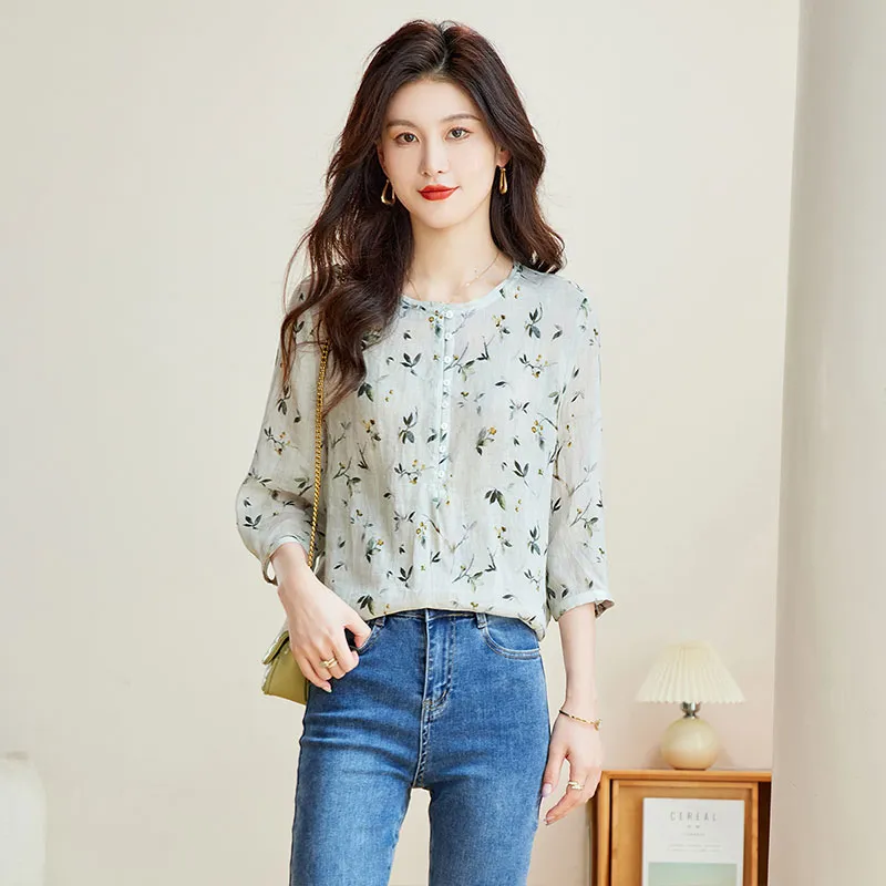 Cypress House Shirt Women's Gray Green Floral Bottom-6