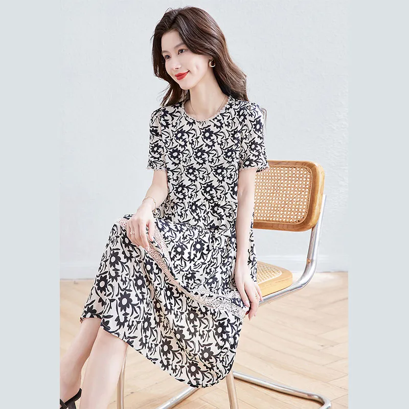 Cypress House Short-Sleeved Dresses Women's Apricot Base With Black Flowers-3