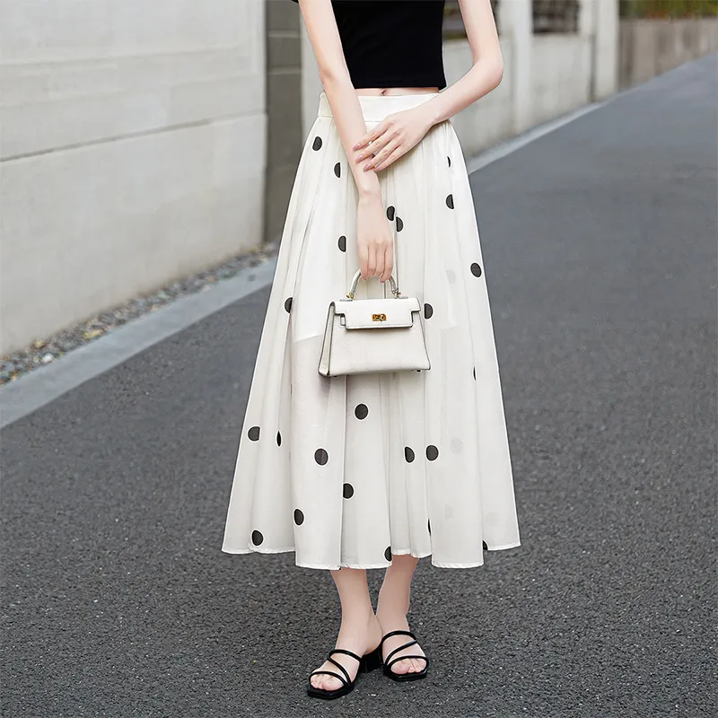 TOUCH Casual Long Skirt Women's Beige Base With Polka Dot-2