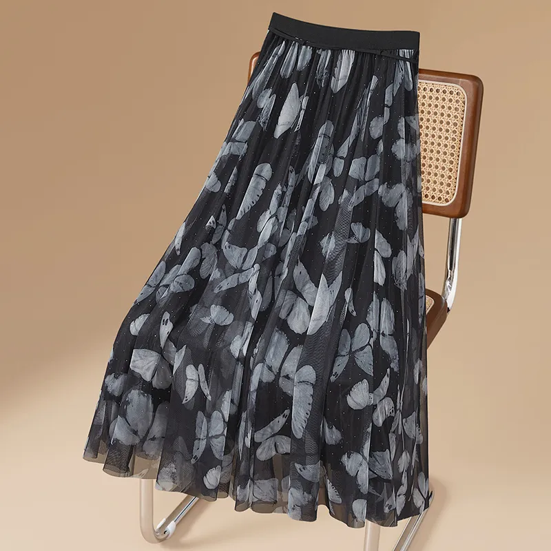 TOUCH Casual Long Skirt Women's Gray Butterfly-3