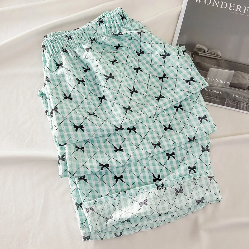 TOUCH Casual Pants Women's Green Grid Black Bowknot-2
