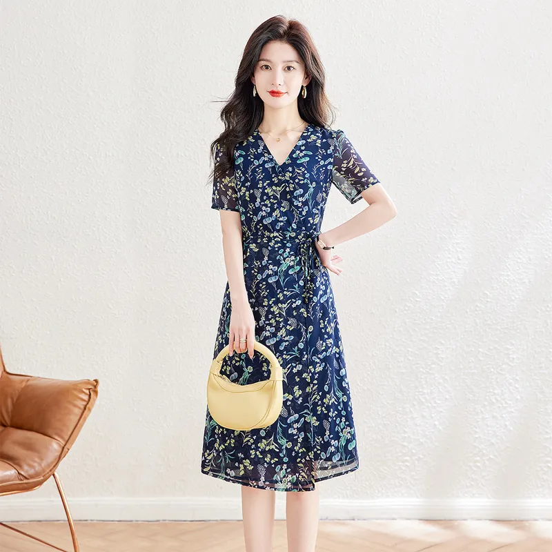 Cypress House Short Sleeved Dress Women's Navy Blue With Yellow Green Floral-4