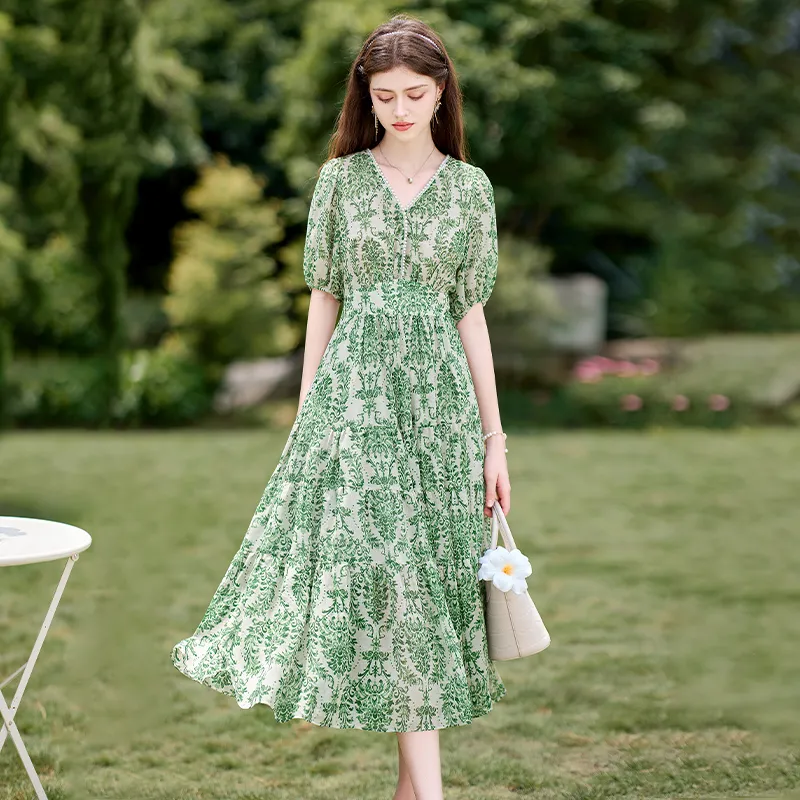 TOUCH Short Sleeved Dress With Collar Women's Beige With Green Print-3