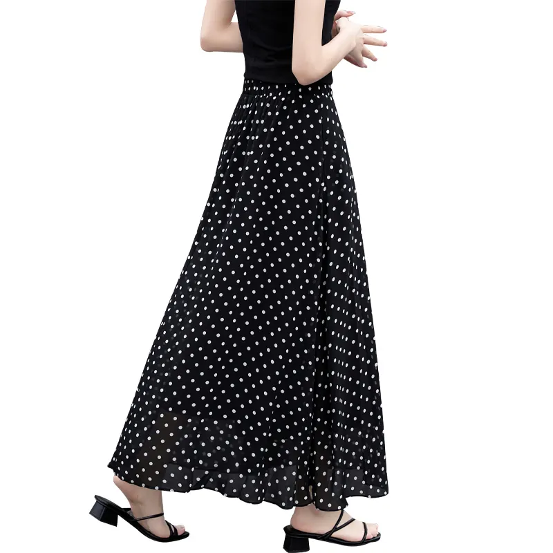 TOUCH Casual Long Skirts Women's Black Background With Polka Dots-1