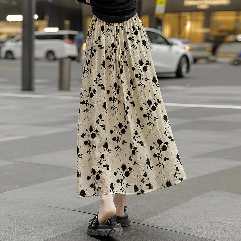 Cypress House Casual Long Skirts Women's Apricot With Black Flowers-3