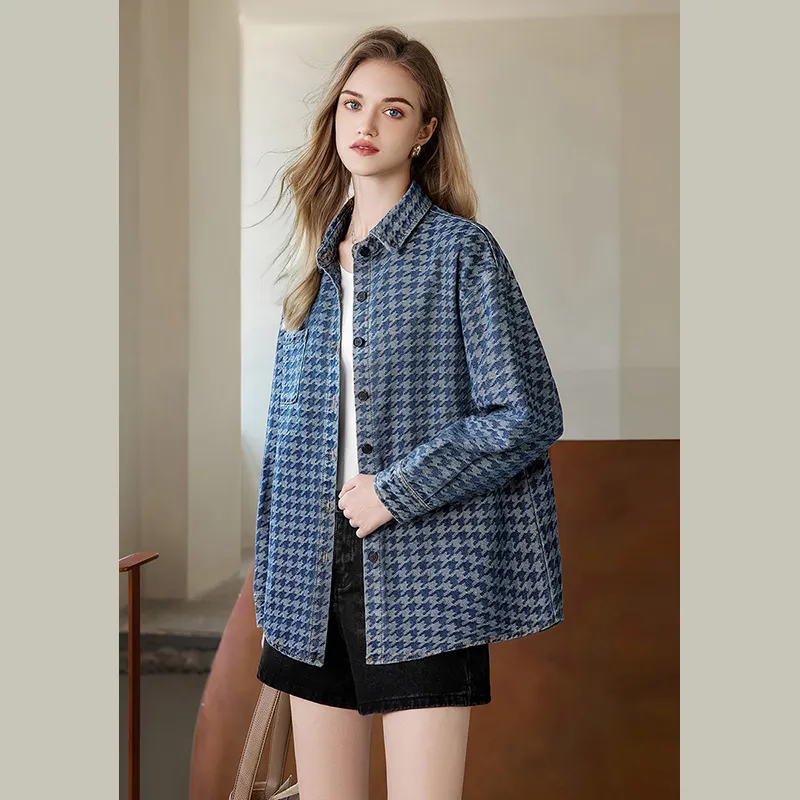 TOUCH Cropped Coats Women's Blue Houndstooth-4