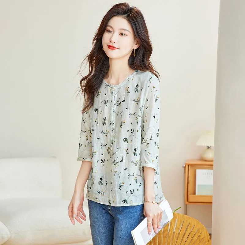 Cypress House Shirt Women's Gray Green Floral Bottom-3
