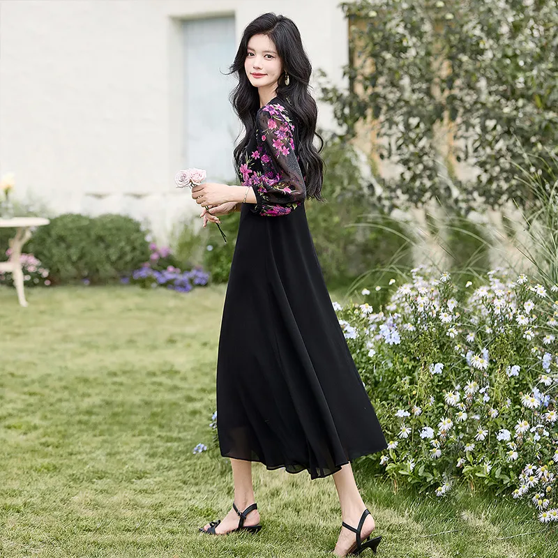 Cypress House Long Sleeved Dress Women's Black Pink Floral-2