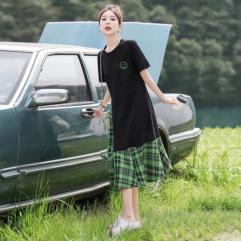 Cypress House Short Sleeved Dress Women's Top Black Bottom Gray Green Plaid-6