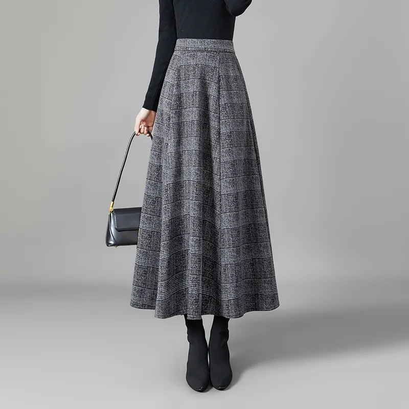 TOUCH Casual Long Skirts Women's Black Gray Plaid-5