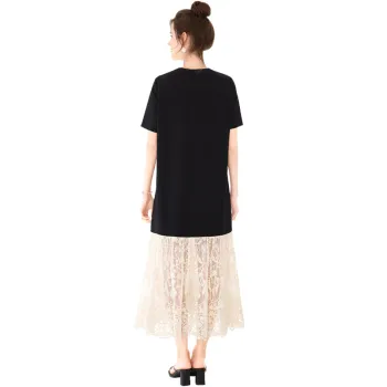 TOUCH Short Sleeved Dress Women's Black Top And Apricot Bottom