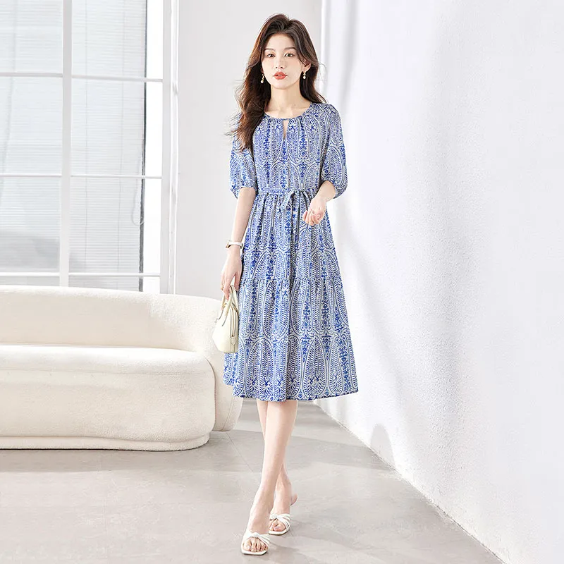 Cypress House Short Sleeved Dress Women's White With Blue Floral-4