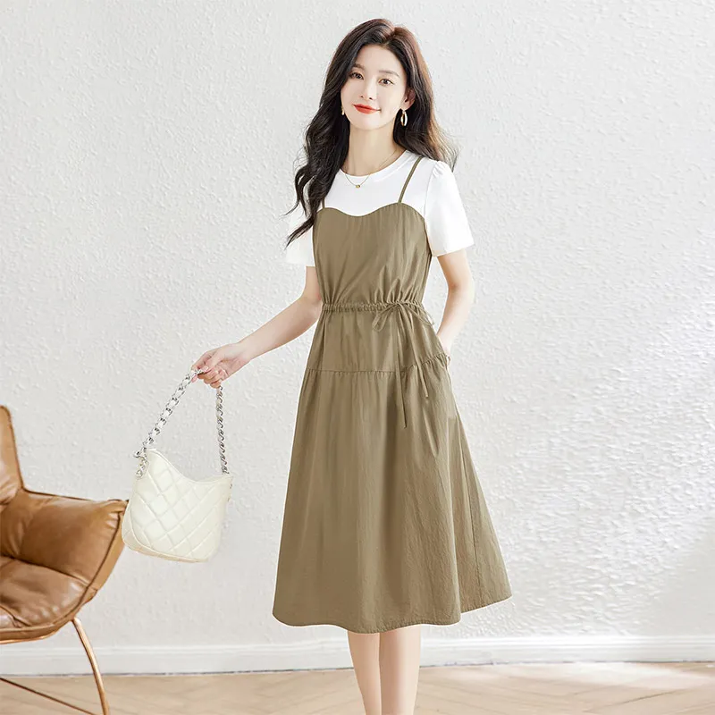 Cypress House Short Sleeved Dress Women's White Top & Khaki Bottom-2