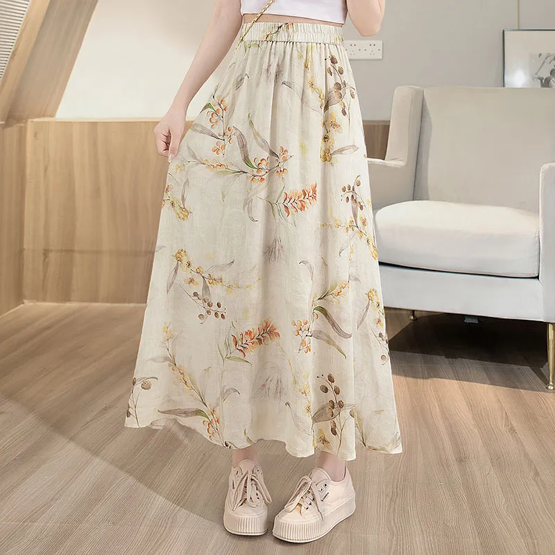 Cypress House Casual Long Skirt Women's Beige With Red Print-6