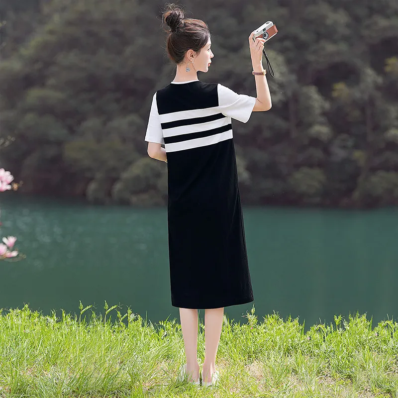 Cypress House Short-Sleeved Dresses Women's Black Background With White Stripes-3