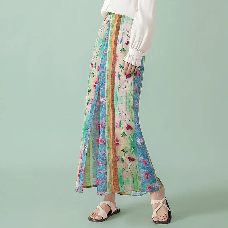 Cypress House Casual Long Skirt Women's Blue Green Stripes Flower-4