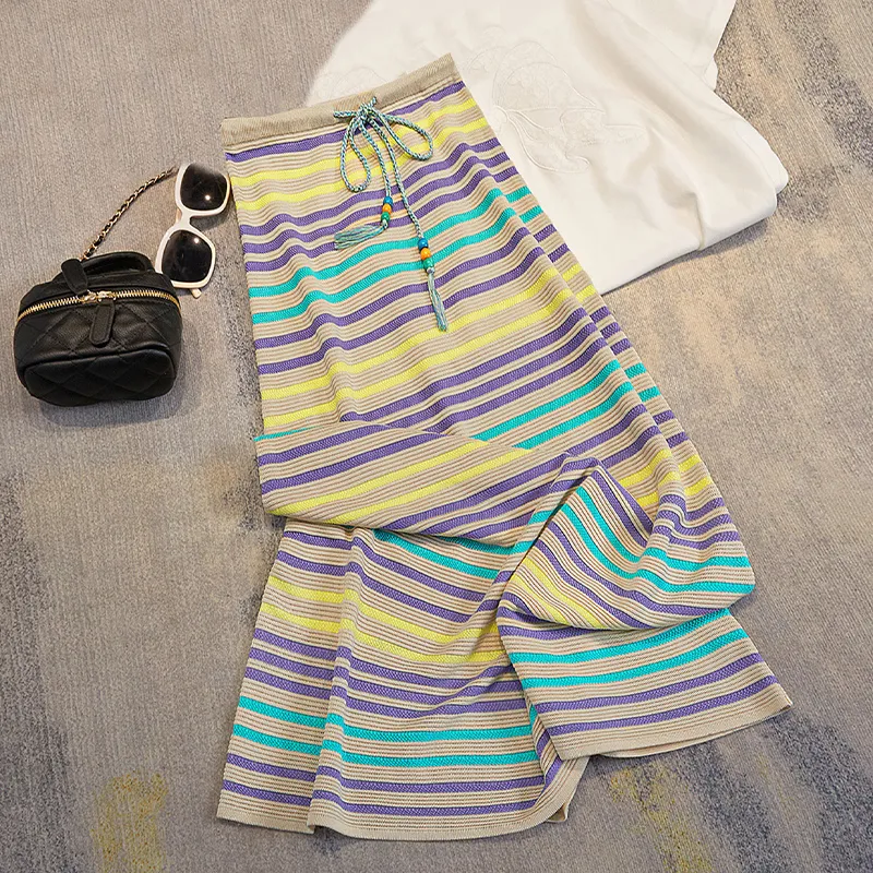 TOUCH Casual Long Skirt Women's Green Purple Stripes-4
