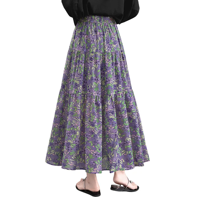 TOUCH Casual Long Skirt Women's Blue Floral-8