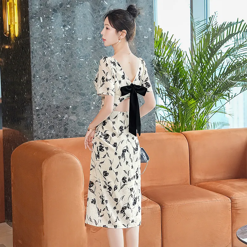 Cypress House Short-Sleeved Dresses Women's Beige Base With Black Flowers-2