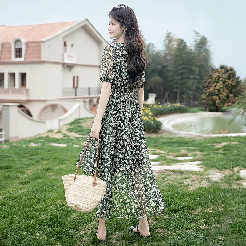 Cypress House Short-Sleeved Dresses Women's Black Background With Green Flowers-2