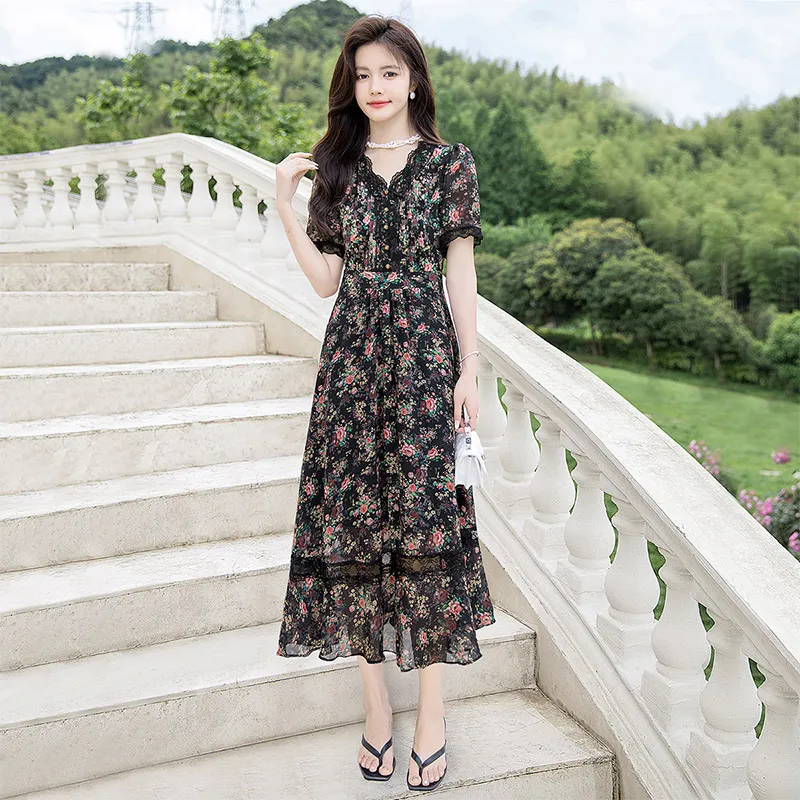 Cypress House Short-Sleeved Dresses Women's Black Background With Pink Flowers-2