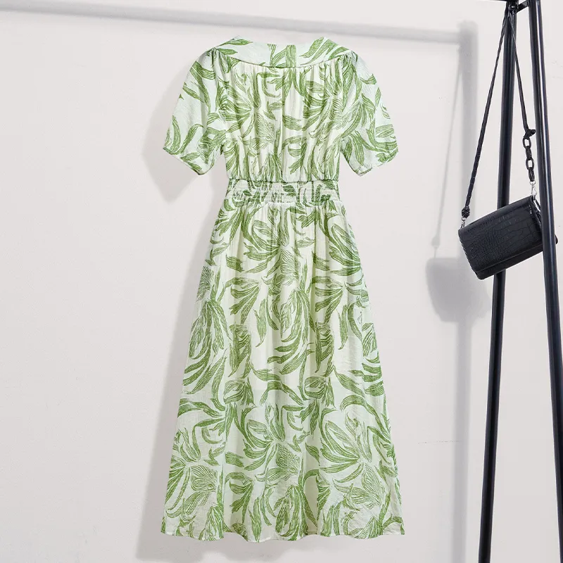 TOUCH Short Sleeved Dress Women's Beige With Green Leaf Print-3