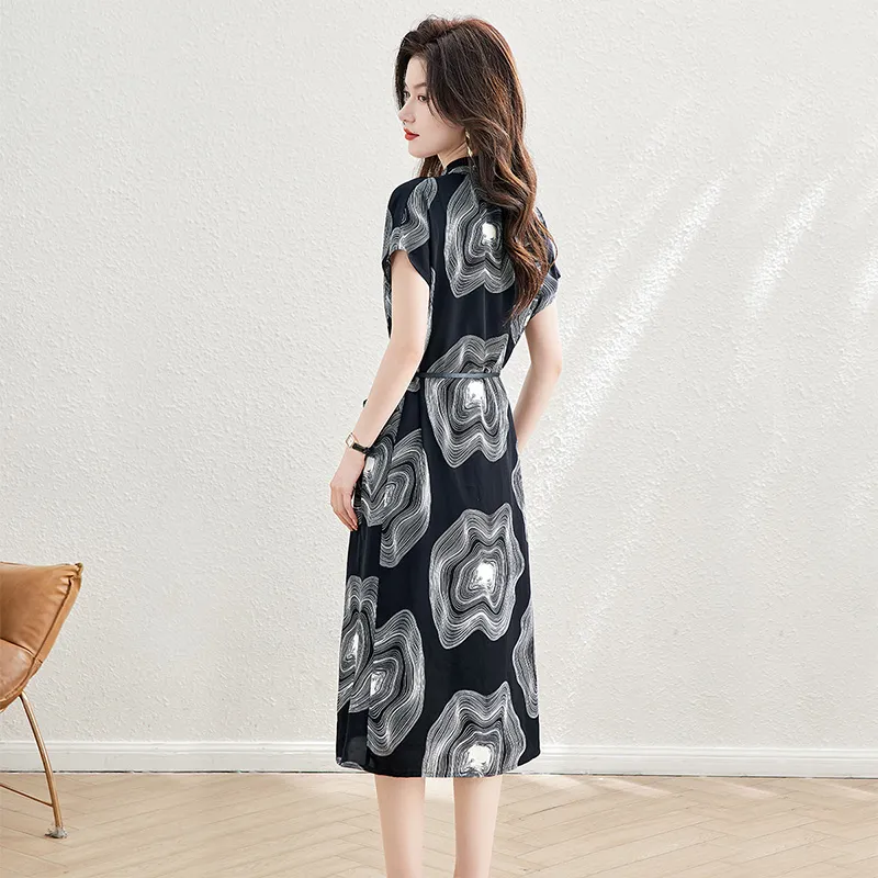 Cypress House Short-Sleeved Dresses Women's Black Base With White Pattern-5