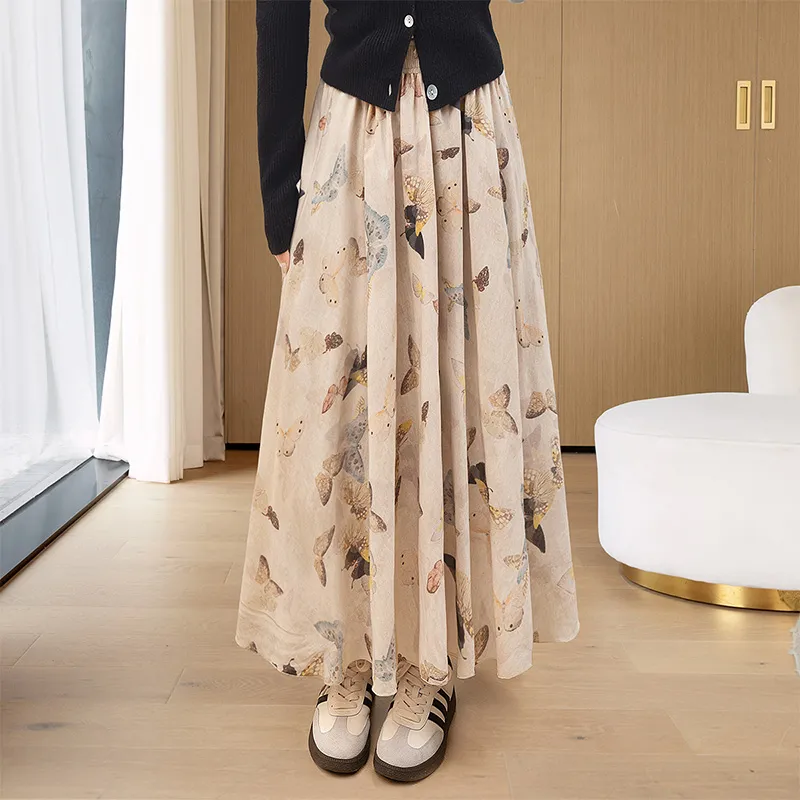 Cypress House Casual Long Skirt Women's Beige Butterfly-2