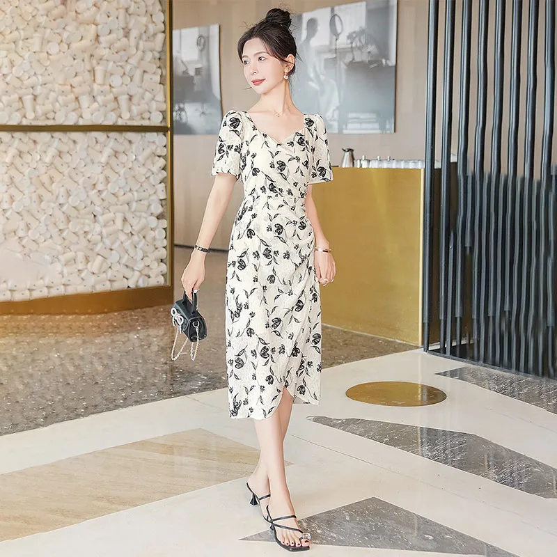 Cypress House Short-Sleeved Dresses Women's Beige Base With Black Flowers-4