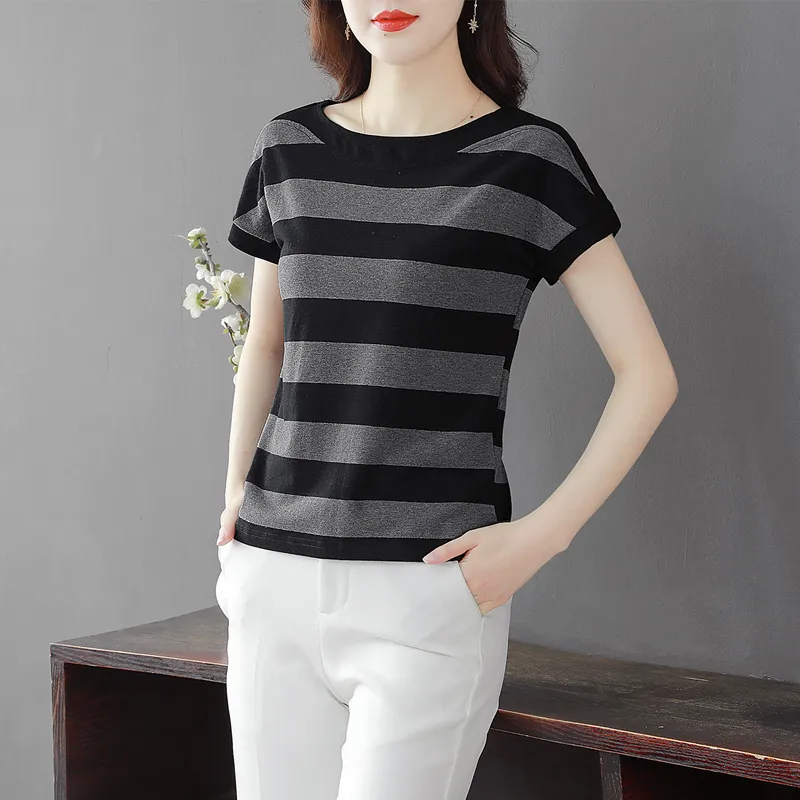 Cypress House T Shirt Women's Black Gray Stripes-2