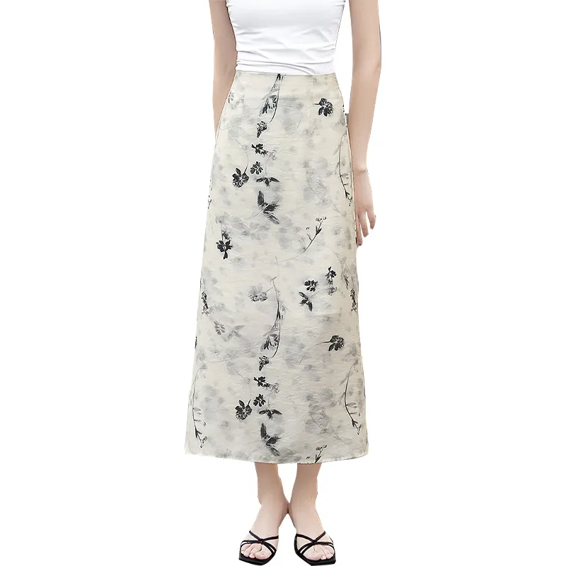 TOUCH Casual Long Skirt Women's Beige Black Heather Gray-2