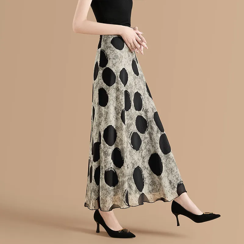 TOUCH Casual Long Skirt Women's Gray Green Black Polka Dot-5
