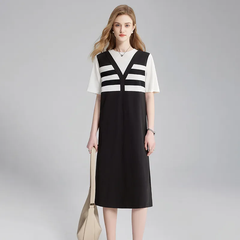 TOUCH Short Sleeved Dress Women's Black White Stripes & Black-2